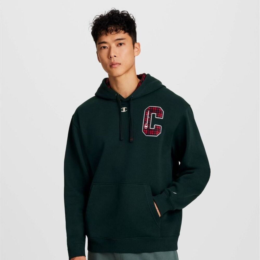 Champion Men's Plaid Hooded Sweatshirt - Green S - Picture 1 of 5